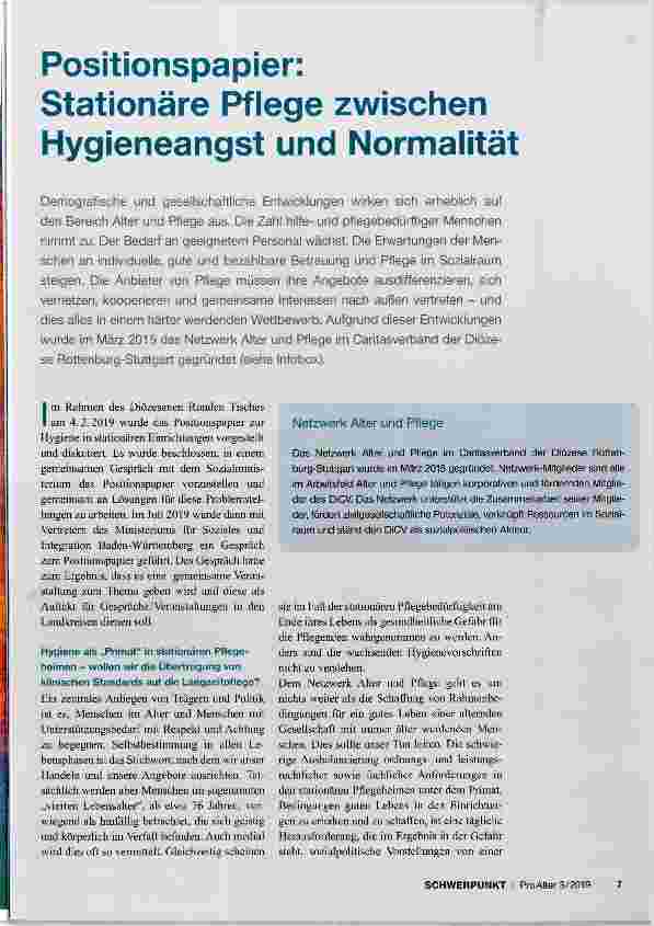 Vorschauseite 1: Positionspapier: Stationäre Pflege zwischen Hygieneangst und Normalität