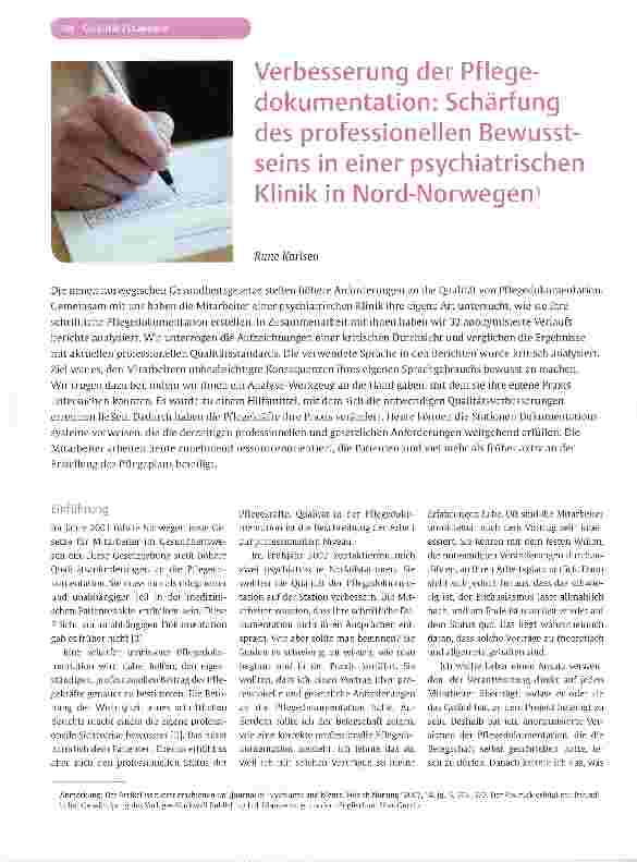Vorschauseite 1: Verbesserung der Pflegedokumentation: Schärfung des professionellen Bewusst-seins in einer psychiatrischen Klinik in Nord-Norwegen
