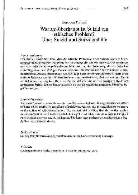 Vorschauseite 1: Warum überhaupt ist Suizid ein ethisches Problem? Über Suizid und Suizidbeihilfe
