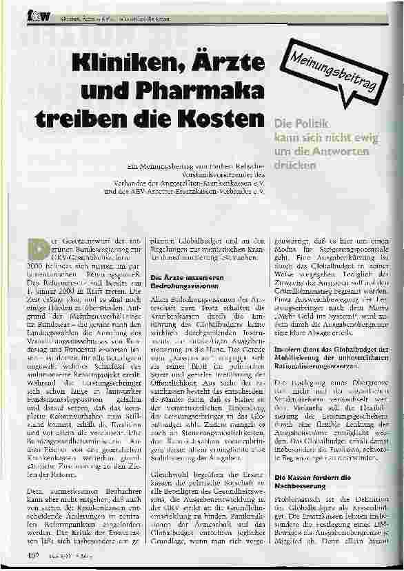Vorschauseite 1: Kliniken, Ärzte und Pharmaka treiben die Kosten Ein Meinungsbeitrag