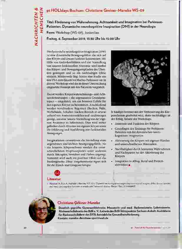 Vorschauseite 1: pt HOLIdays Bochum: Christiane Greiner-Maneke WS-09 Titel: Förderung von Wahrnehmung, Achtsamkeit und Imagination bei Parkinson-Patienten. Dynamische neurokognitive Imagination (D…