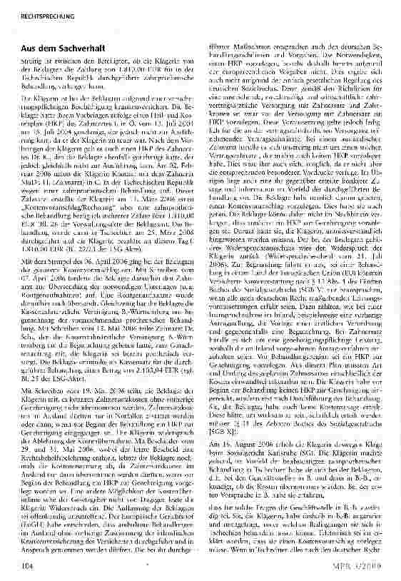 Vorschauseite 2: Kostenerstattung von zahnprothetischer Behandlung im EU-Ausland §§ 13 Abs. 4, 87 Abs. 1 a SGB V