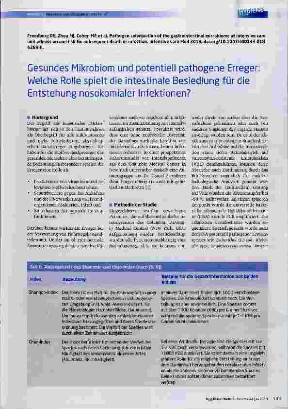 Vorschauseite 1: Gesundes Mikrobiom und potentiell pathogene Erreger: Weiche Roiie spieit die intestinaie Besiedlung für die Entstehung nosokomiaier infektionen?