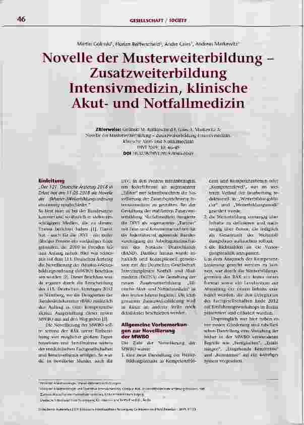 Vorschauseite 1: Novelle der Musterweiterbildung Zusatzweiterbildung Intensivmedizin, klinische Akutund Notfallmedizin