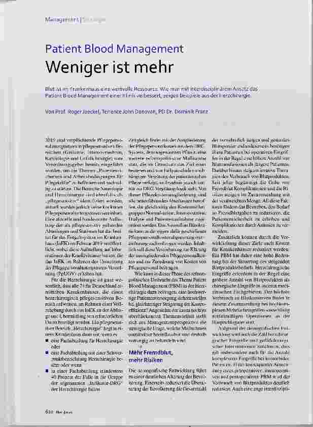 Vorschauseite 1: Patient Blood Management Weniger ist mehr
