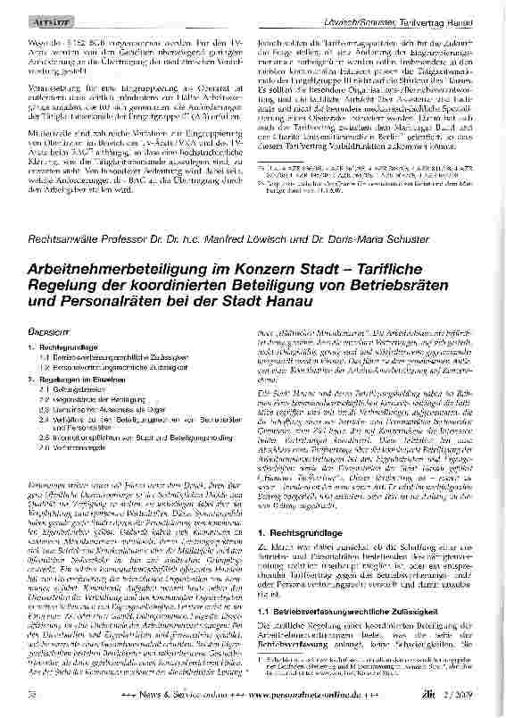 Vorschauseite 1: Arbeitnehmerbeteiligung im Konzern Stadt - Tarifliche Regelung der koordinierten Beteiligung von Betriebsräten und Personalräten bei der Stadt Hanau