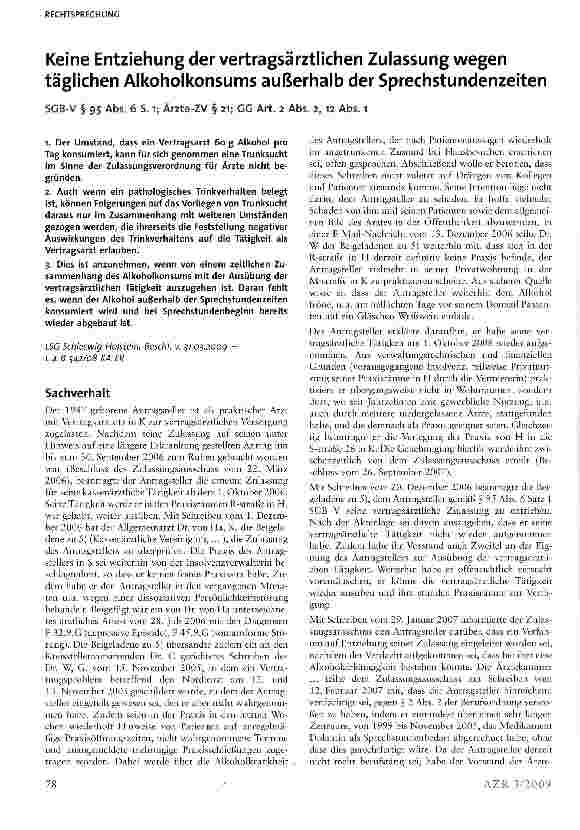 Vorschauseite 1: Keine Entziehung der vertragsärztlichen Zulassung wegen täglichen Alkoholkonsums außerhalb der Sprechstundenzeiten