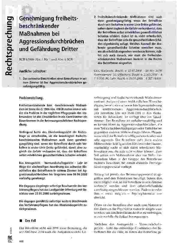 Vorschauseite 1: Genehmigung freiheitsbeschränkender Maßnahmen bei Aggressionsdurchbrüchen und Gefährdung Dritter