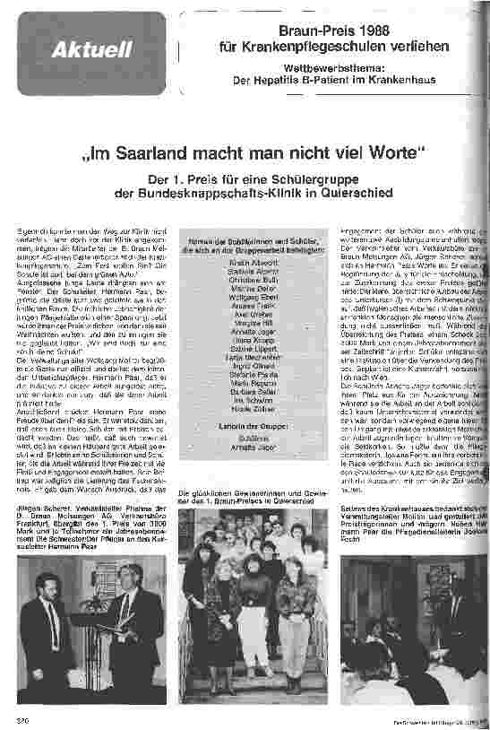 Vorschauseite 1: Braun-Preis 1988 für Krankenpflegeschulen verliehen : Wettbewerbsthema: Der Hepatitis B-Patient im Krankenhaus