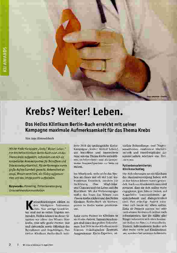 Vorschauseite 1: Krebs? Weiter! Leben. Das Helios Klinikum Berlin-Buch erreicht mit seiner Kampagne maximale Aufmerksamkeit für das Thema Krebs