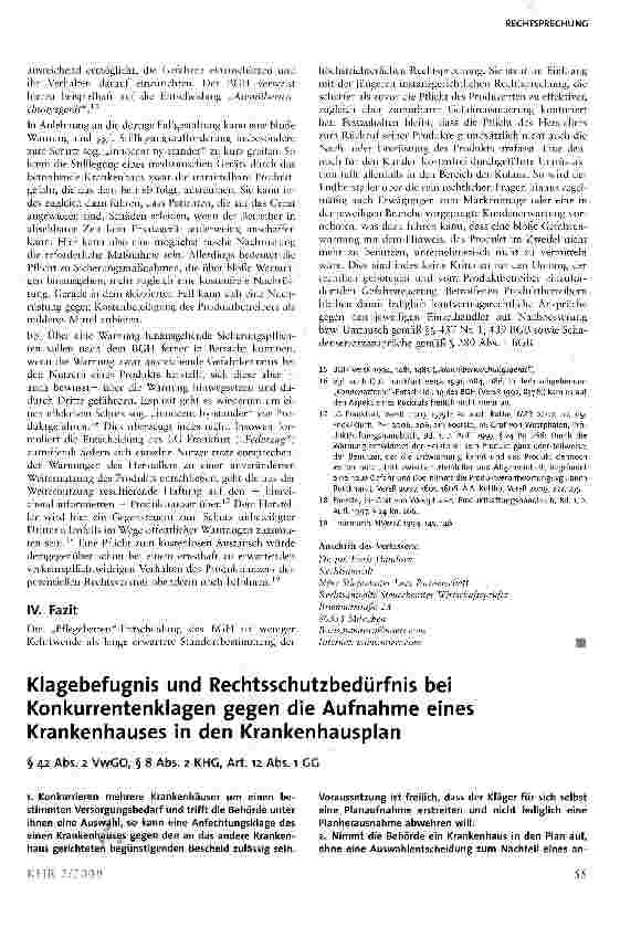 Vorschauseite 1: Klagebefugnis und Rechtsschutzbedürfnis bei Konkurrentenklagen gegen die Aufnahme eines Krankenhauses in den Krankenhausplan