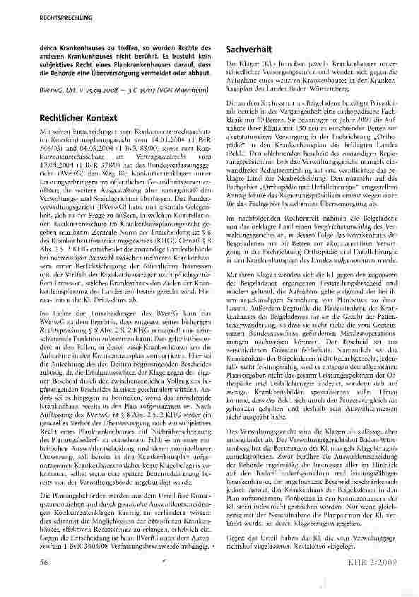Vorschauseite 2: Klagebefugnis und Rechtsschutzbedürfnis bei Konkurrentenklagen gegen die Aufnahme eines Krankenhauses in den Krankenhausplan