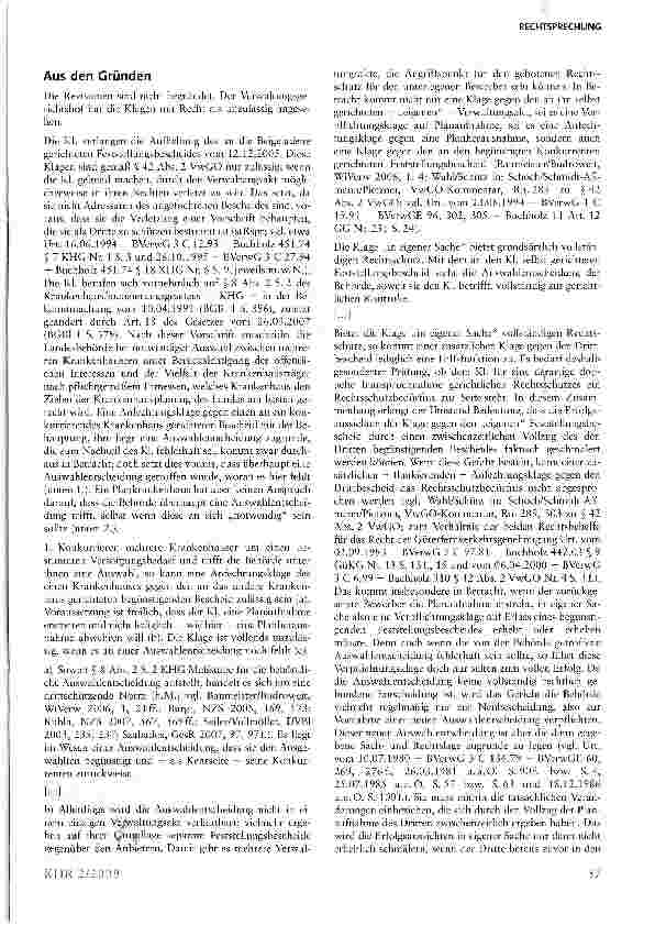 Vorschauseite 3: Klagebefugnis und Rechtsschutzbedürfnis bei Konkurrentenklagen gegen die Aufnahme eines Krankenhauses in den Krankenhausplan