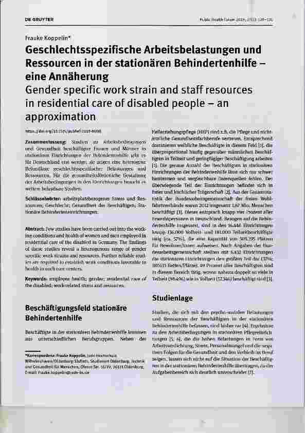 Vorschauseite 1: Geschlechtsspezifische Arbeitsbelastungen und Ressourcen in der stationären Behindertenhilfe - eine Annäherung