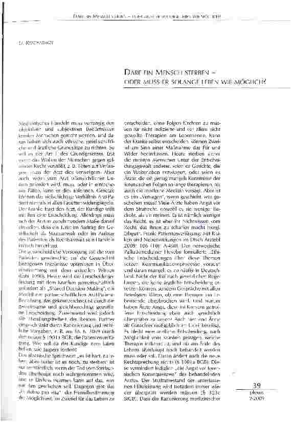 Vorschauseite 1: DARF EIN MENSCH STERBEN - ODER MUSS ER SOLANGE LEBEN WIE MÖGLICH?