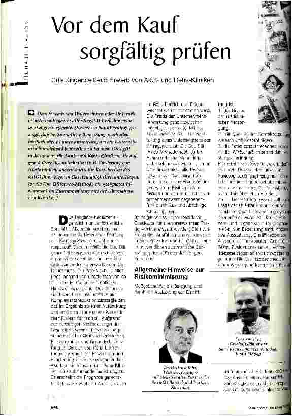 Vorschauseite 1: Vor dem Kauf sorgfältig prüfen Due Diligence beim Erwerb von Akutund Reha-Kliniken
