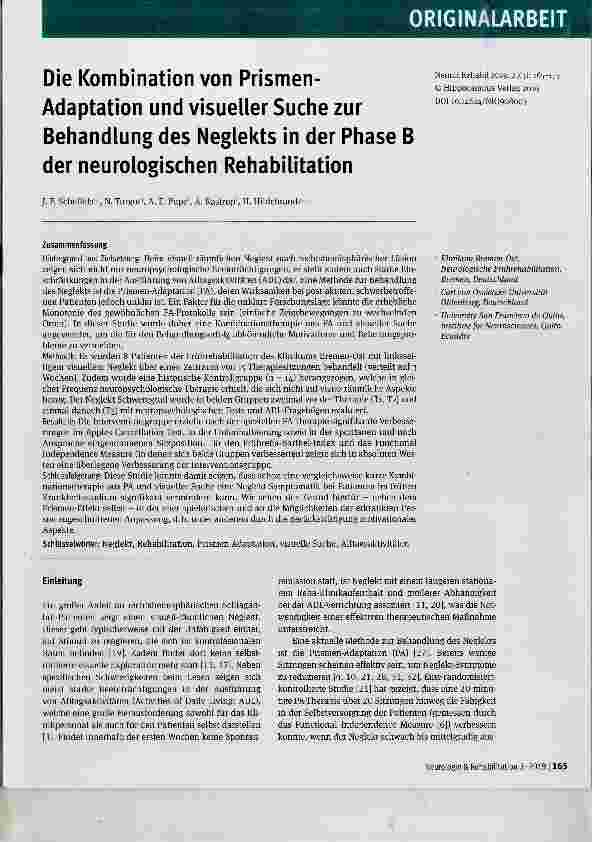 Vorschauseite 1: Die Kombination von Prismen-Adaptation und visueller Suche zur Behandlung des Neglekts in der Phase B der neurologischen Rehabilitation