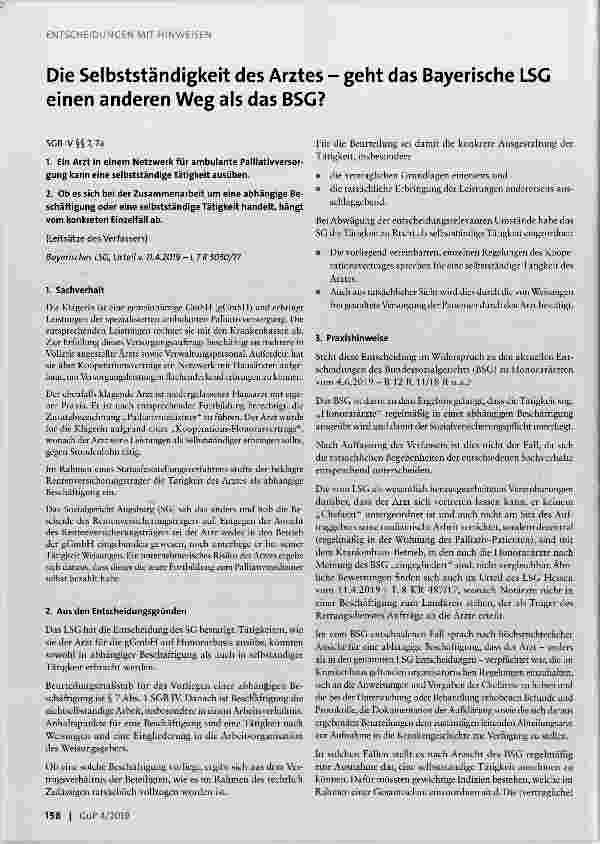 Vorschauseite 1: Die Selbstständigkeit des Arztes geht das Bayerische LSG einen anderen Weg als das BSG?