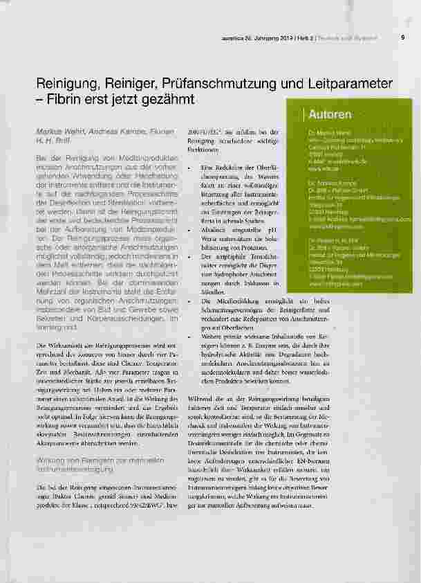 Vorschauseite 1: Reinigung, Reiniger, Prüfanschmutzung und Leitparameter - Fibrin erst jetzt gezähmt