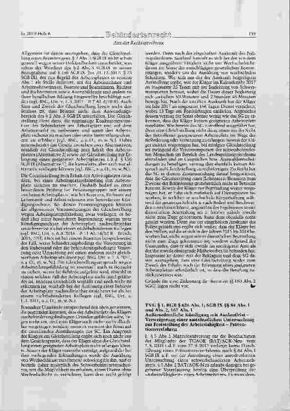 Vorschauseite 1: TVG § 1; BGB § 626 Abs. 1; SGB IX §§ 84 Abs. 1 und Abs. 2, 167 Abs. 1Außerordentliche Kündigung mit Auslauffrist - Verweigerung einer amtsärztlichen Untersuchung zur Feststellung…