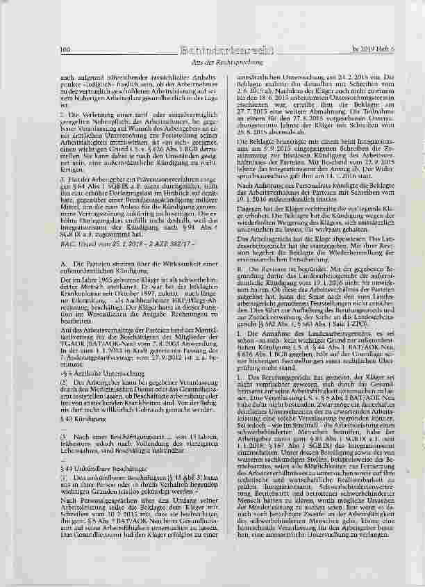 Vorschauseite 2: TVG § 1; BGB § 626 Abs. 1; SGB IX §§ 84 Abs. 1 und Abs. 2, 167 Abs. 1Außerordentliche Kündigung mit Auslauffrist - Verweigerung einer amtsärztlichen Untersuchung zur Feststellung…
