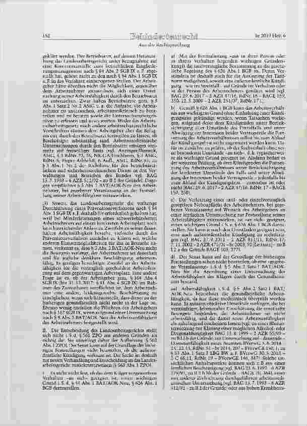 Vorschauseite 4: TVG § 1; BGB § 626 Abs. 1; SGB IX §§ 84 Abs. 1 und Abs. 2, 167 Abs. 1Außerordentliche Kündigung mit Auslauffrist - Verweigerung einer amtsärztlichen Untersuchung zur Feststellung…