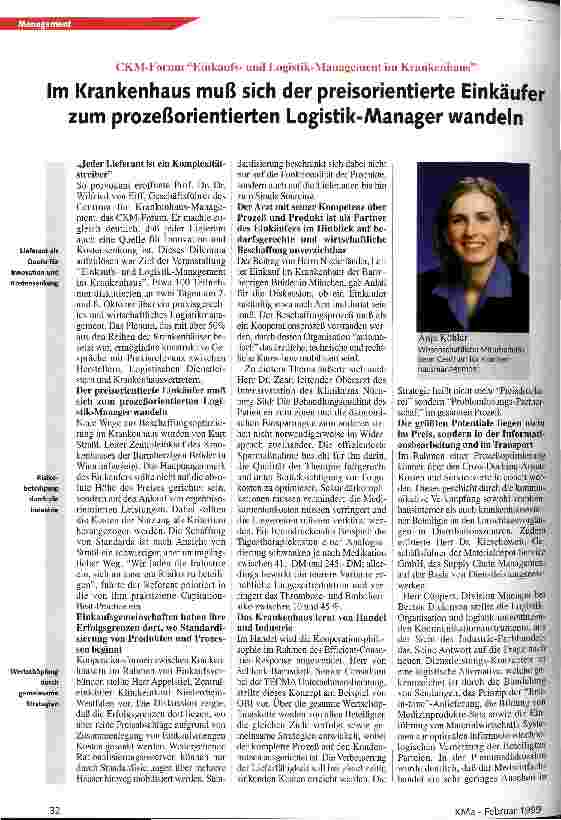 Vorschauseite 1: Im Krankenhaus muß sich der preisorientierte Einkäufer zum prozeßorientierten Logistik-Manager wandeln