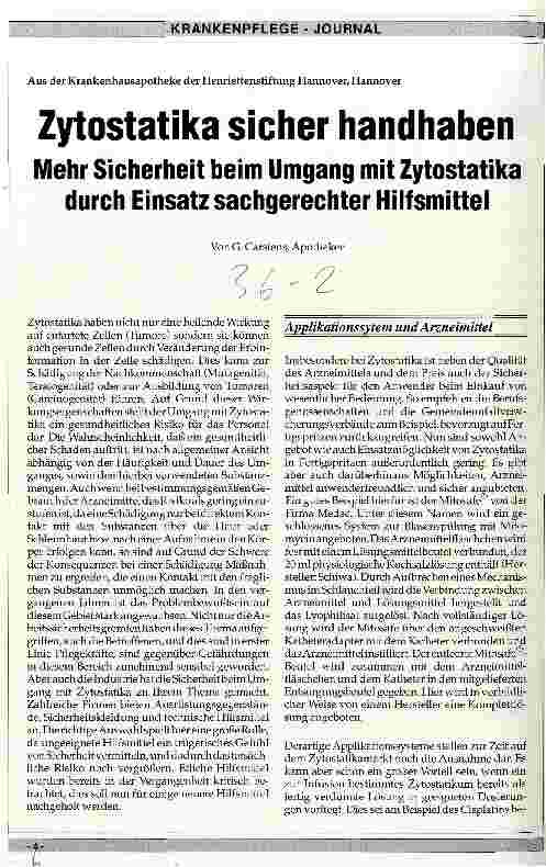 Vorschauseite 1: Zytostatika sicher handhaben Mehr Sicherheit beim Umgang mit Zytostatika durch Hilfsmittel