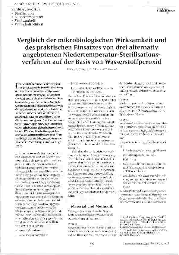 Vorschauseite 1: Vergleich der mikrobiologischen Wirksamkeit und des praktischen Einsatzes von drei alternativ angebotenen Niedertemperatur-Sterilisationsverfahren auf der Basis von Wasserstoffper…