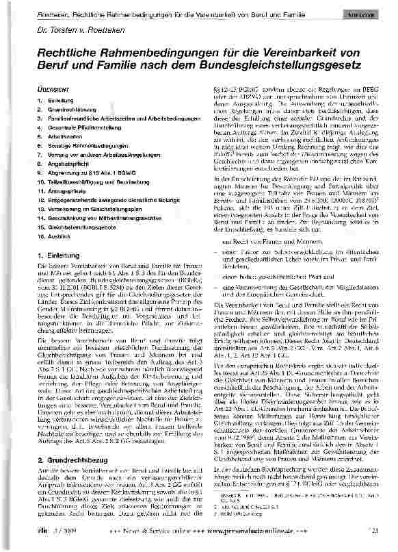 Vorschauseite 1: Rechtliche Rahmenbedingungen für die Vereinbarkeit von Beruf und Familie nach dem Bundesgleichstellungsgesetz