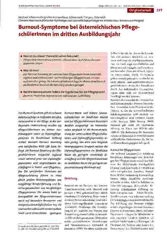 Vorschauseite 1: Burnout-Symptome bei österreichischen Pflegeschülerinnen im dritten Ausbildungsjahr
