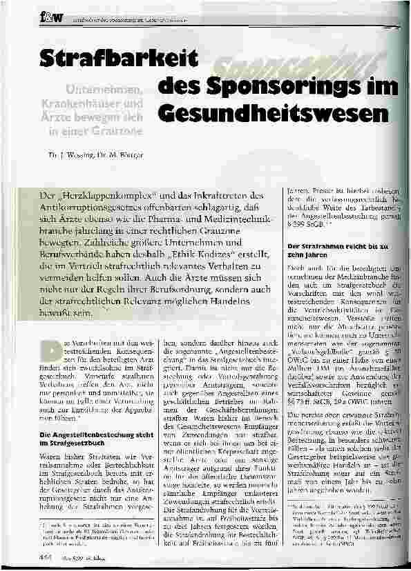 Vorschauseite 1: Strafbarkeit des Sponsorings im Gesundheitswesen Unternehmen, Krankenhäuser und Ärzte bewegen sich in einer Grauzone