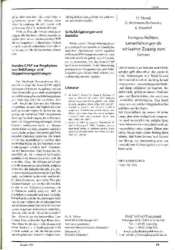 Vorschauseite 2: Nasen-CPAP zur Therapie von Oxygenierungsstörungen nach großen allgemeinund gefäßchirurgischen Operationen