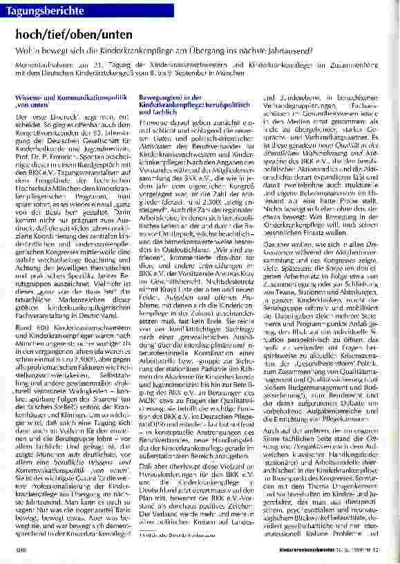 Vorschauseite 1: hoch/tief/oben/unten Wohin bewegt sich die Kinderkrankenpflege am Übergang ins nächste Jahrtausend?