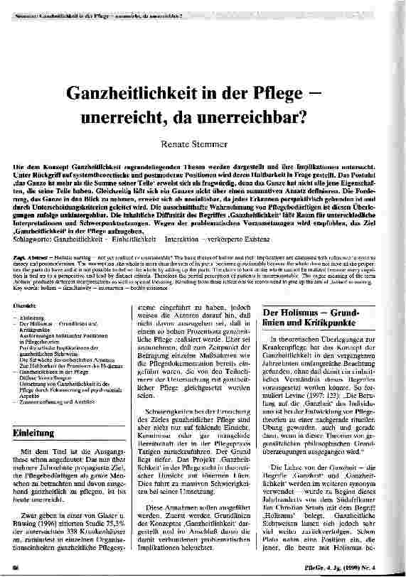 Vorschauseite 1: Ganzheitlichkeit in der Pflege - unerreicht, da unerreichbar?