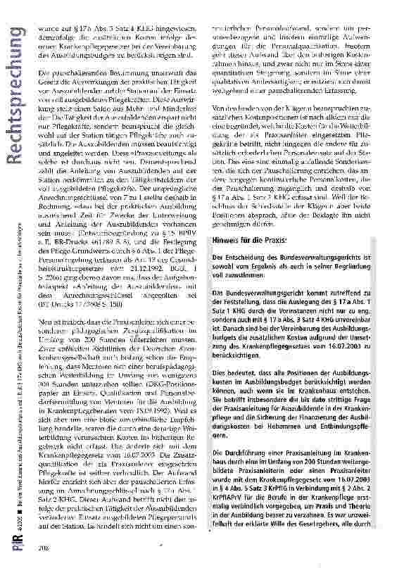 Vorschauseite 6: Bei der Vereinbarung des Ausbildungsbudgets sind i.R.d. § 17a KHG auch die zusätzlichen Kosten für Praxisanleiter zu berücksichtigen