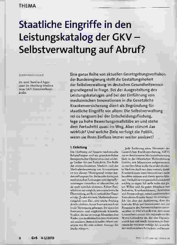 Vorschauseite 1: Staatliche Eingriffe in den Leistungskatalog der GKV Selbstverwaltung auf Abruf?
