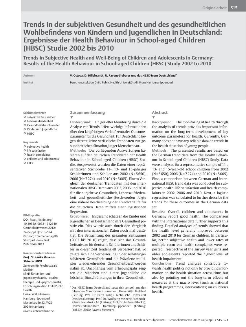 Vorschauseite 1: Trends in der subjektiven Gesundheit und des gesundheitlichen Wohlbefindens von Kindern und Jugendlichen in Deutschland: Ergebnisse der Health Behaviour in School-aged Children (H…