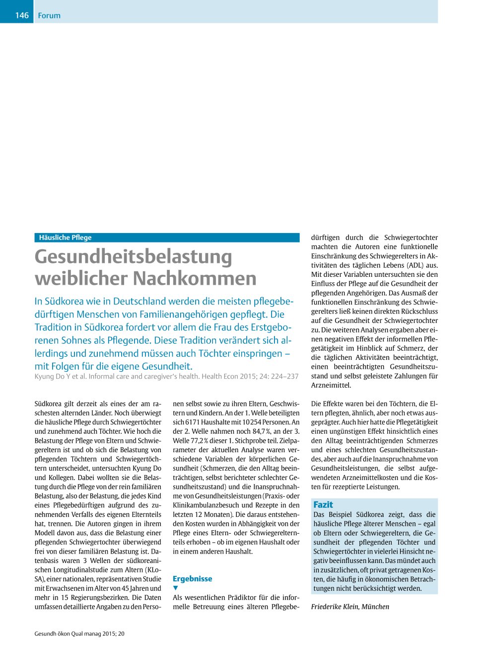 Vorschauseite 1: Häusliche Pflege ? Gesundheitsbelastung weiblicher Nachkommen