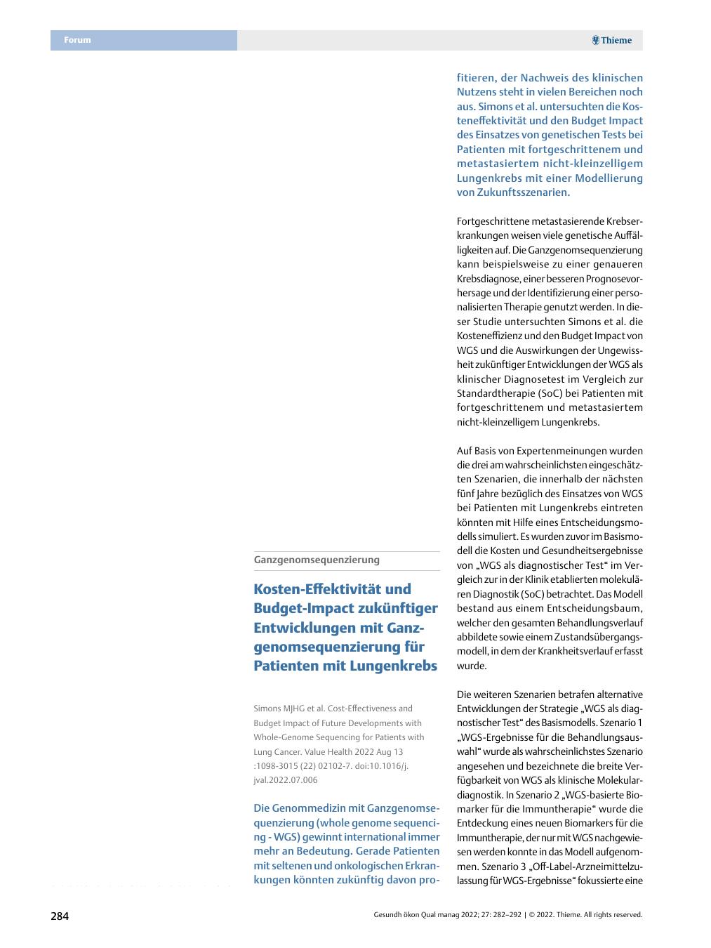 Vorschauseite 1: Ganzgenomsequenzierung - Kosten-Effektivität und Budget-Impact zukünftiger Entwicklungen mit Ganzgenomsequenzierung für Patienten mit Lungenkrebs
