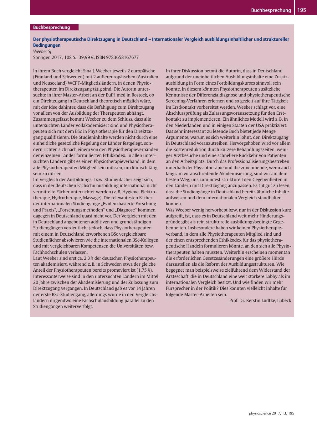 Vorschauseite 1: Der physiotherapeutische Direktzugang in Deutschland – Internationaler Vergleich ausbildungsinhaltlicher und struktureller Bedingungen