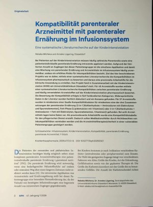 Vorschauseite 1: Kompatibilität parenteraler Arzneimittel mit parenteraler Ernährung im Infusionssystem