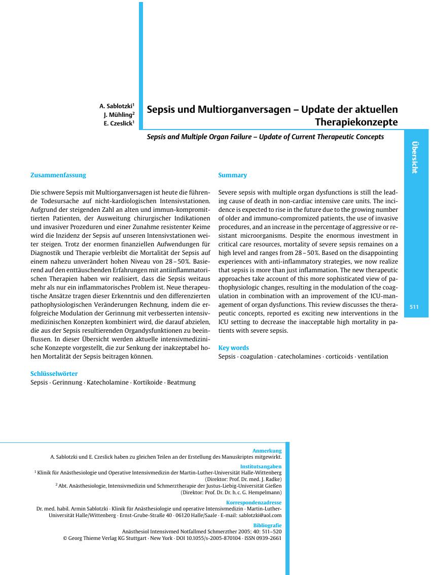 Vorschauseite 1: Sepsis und Multiorganversagen - Update der aktuellen Therapiekonzepte