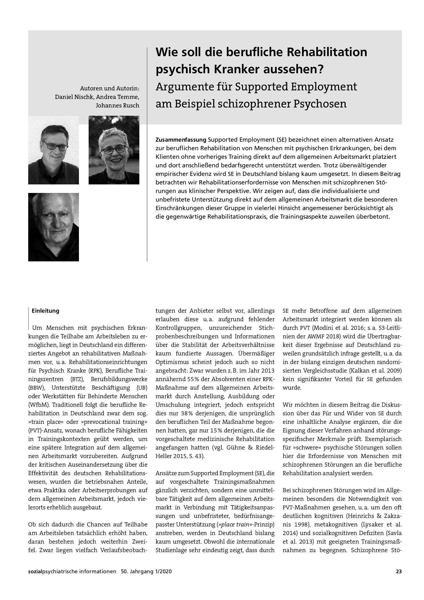 Vorschauseite 1: Wie soll die berufliche Rehabilitation psychisch Kranker aussehen? Argumente für Supported Employment am Beispiel schizophrener Psychosen