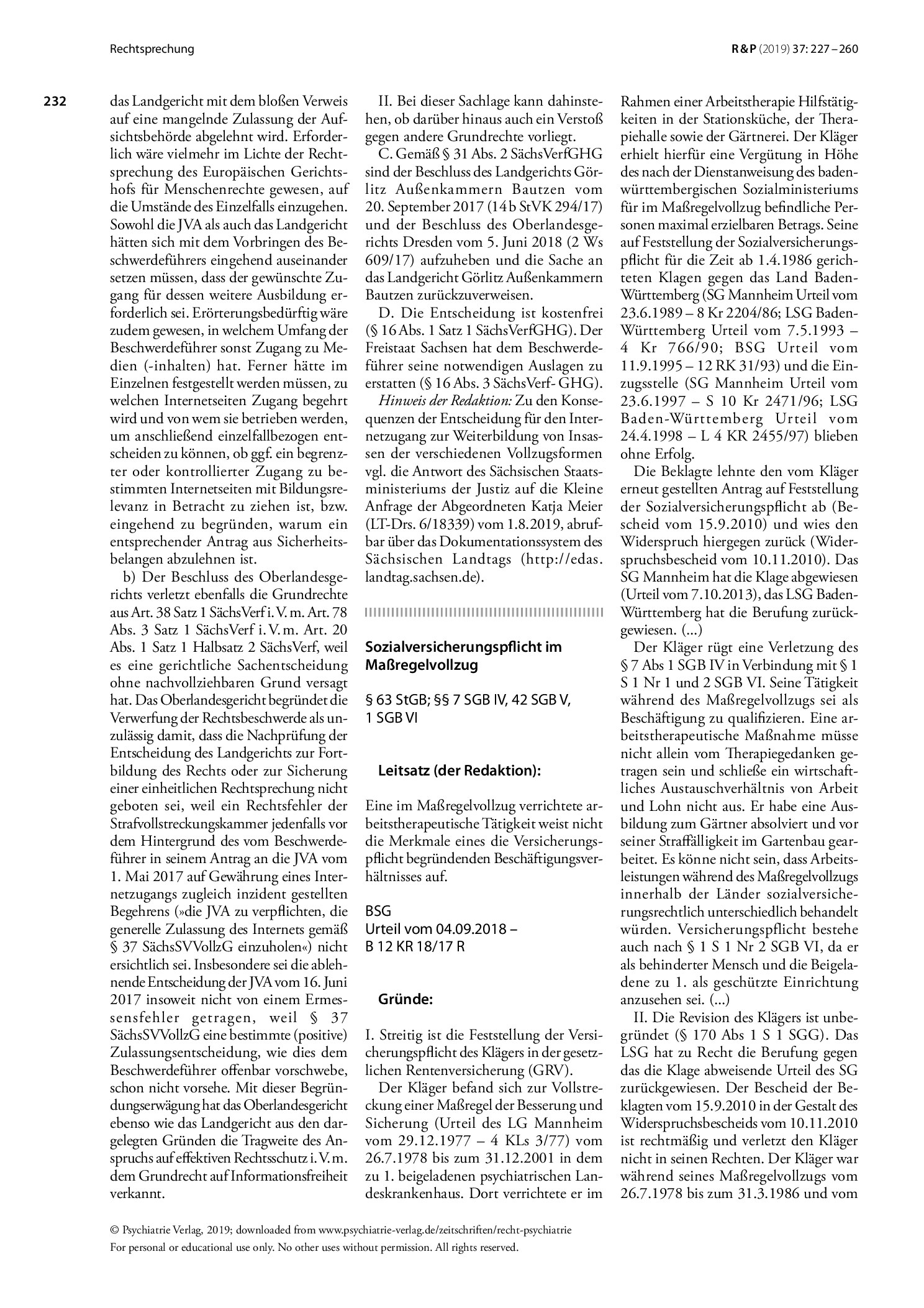 Vorschauseite 1: Sozialversicherungspflicht im Maßregelvollzug