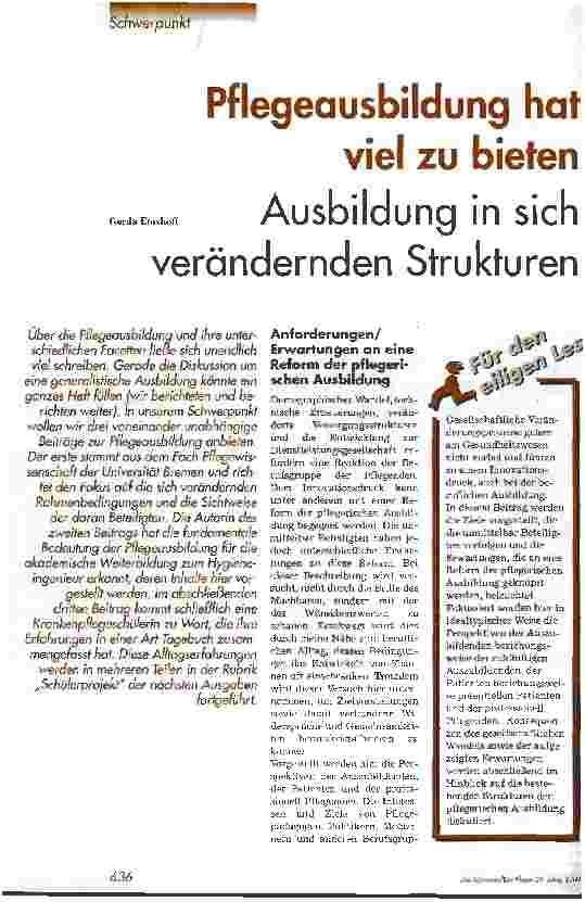 Vorschauseite 1: Pflegeausbildung hat viel zu bieten Ausbildung in sich verändernden Strukturen