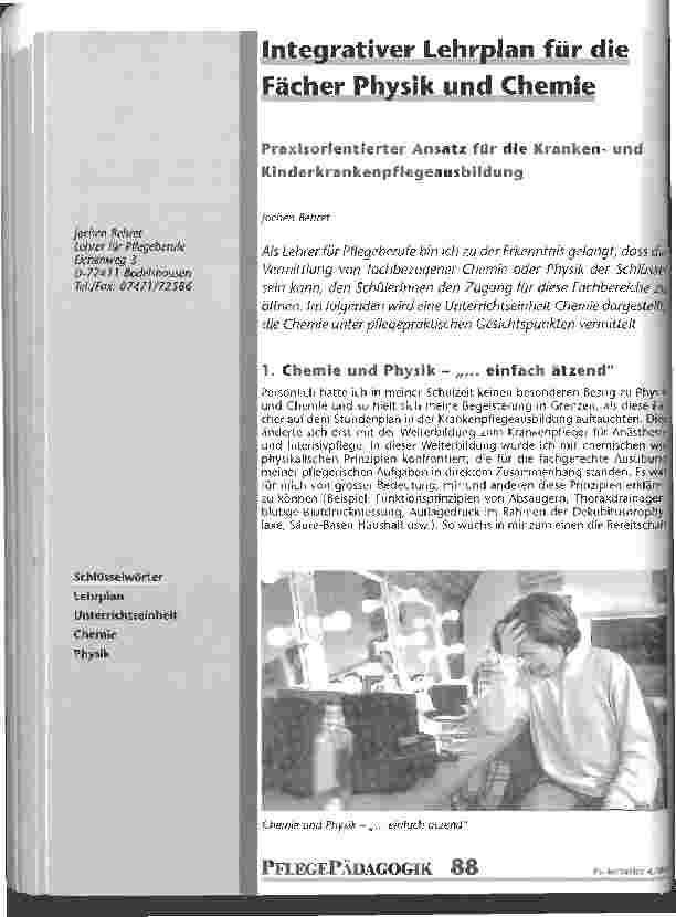 Vorschauseite 1: Integrativer Lehrplan für die Fächer Physik und Chemie Praxisorientierter Ansatz für die Krankenund Kinderkrankenpflegeausbildung