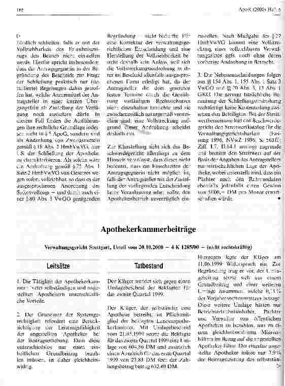 Vorschauseite 1: Apothekerkammerbeiträge Verwaltungsgericht Stuttgart, Urteil vom 20.10.2000