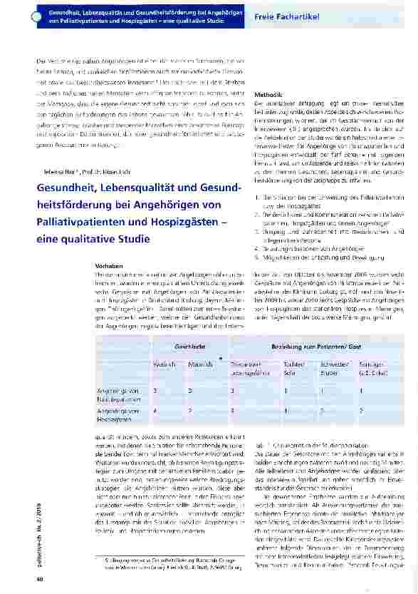 Vorschauseite 1: Gesundheit, Lebensqualität und Gesundheitsförderung bei Angehörigen von Palliativpatienten und Hospizgästen -eine qualitative Studie