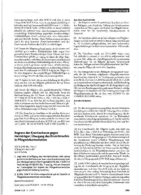 Vorschauseite 1: Regress der Krankenkasse gegen Heimträger; Übergang des Einsichtrechts in Pflegedokumentation